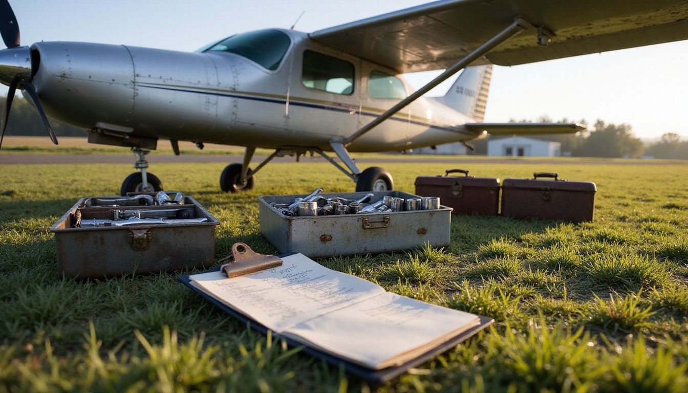 Een eenmotorig vliegtuig rust op gras bij een luchtveld, omringd door gereedschappen en een onderhoudsdocument.