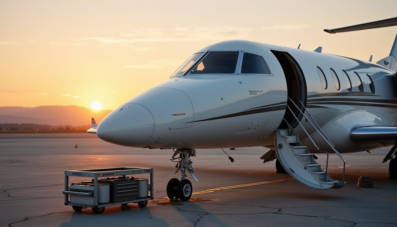 Een witte privéjet staat op een afgelegen tarmac, omringd door onderhoudsapparatuur en zonder menselijke aanwezigheid.