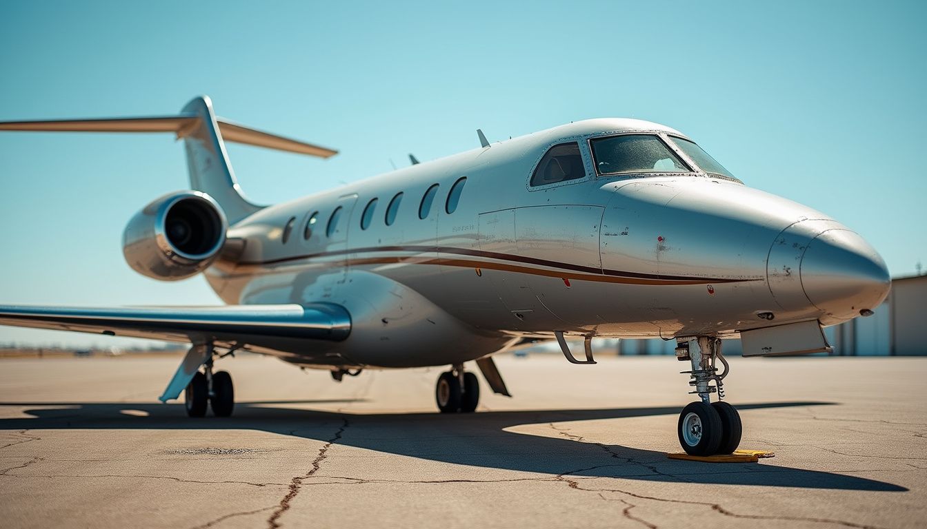 Een privéjet rust op een verweerd asfaltplatform, omringd door stof en pebbles, met tekenen van veroudering.