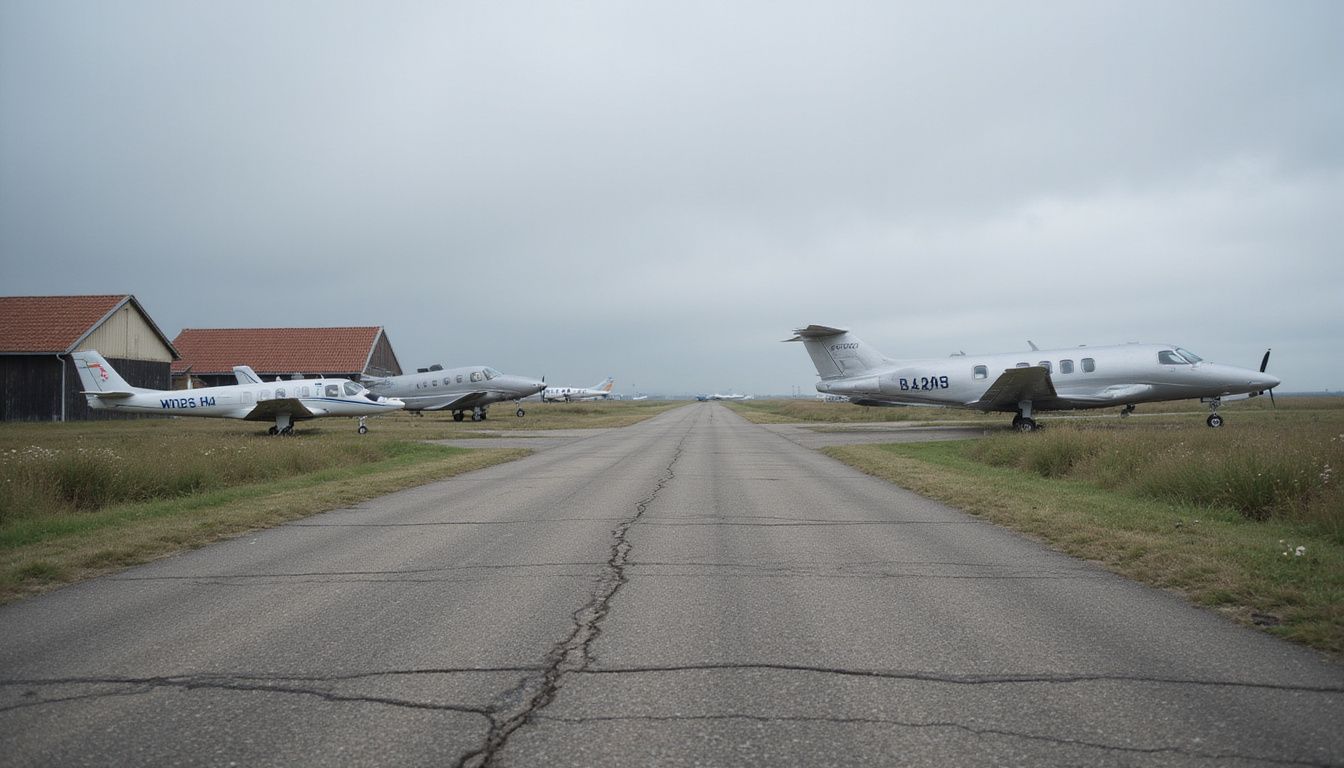 Een rustige luchtstrip in het Nederlandse platteland met geparkeerde privévliegtuigen en traditionele boerderijen op de achtergrond. Een rustige luchtstrip in het Nederlandse platteland met geparkeerde privévliegtuigen en traditionele boerderijen op de achtergrond.