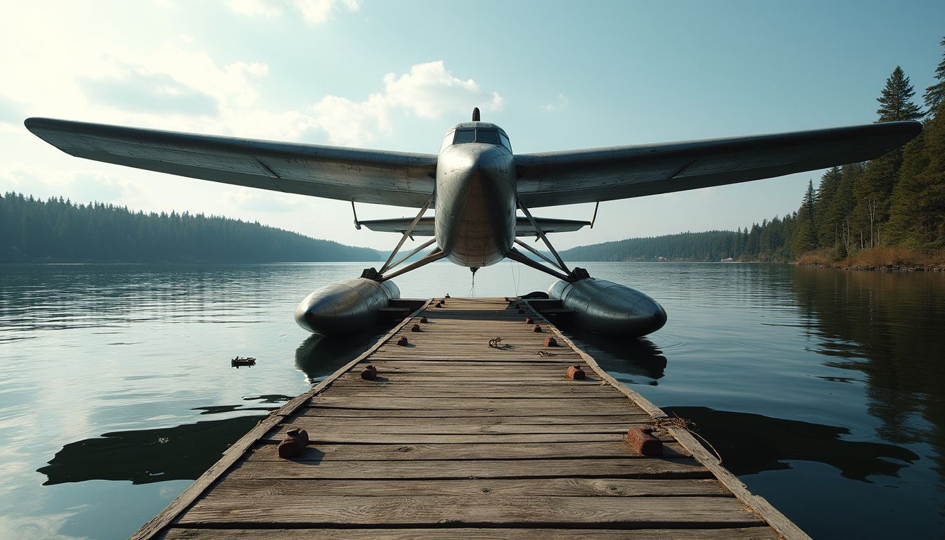 Een Ekranoplan vliegt vlak boven kalm water bij een afgelegen seaplane basis, omringd door dennenbomen en oude dokken.